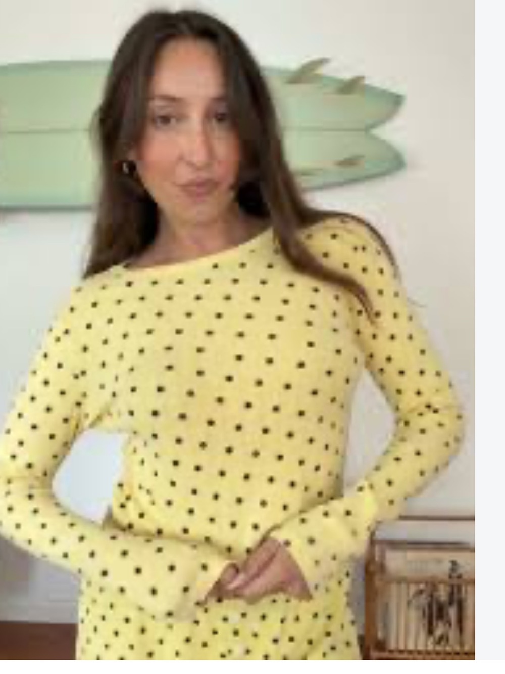 Daydreamer Yellow with Black Polka Dots long sleeve pointelle top size small
